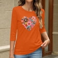 thumbnail image 4 of Charella Women's Floral Printed Tops Flower Graphic Tee Casual Crew Neck 3/4 Sleeve Shirts Loose Fit Clothes (L, Orange 3), 4 of 6