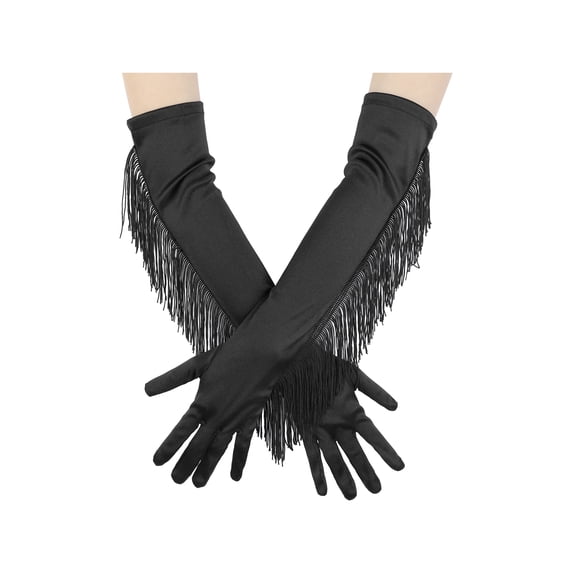 Women's Long Satin Finger Gloves with Tassels Arm Warmer Elbow Length Sleeves for Female Halloween Opera Dance Wedding Party Black