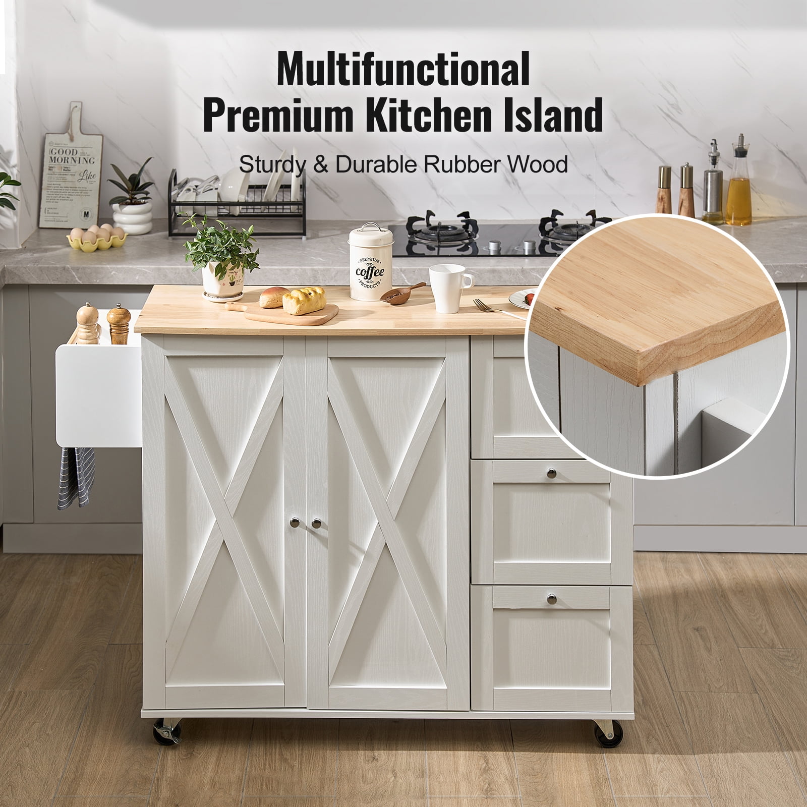 KFFKFF Kitchen Island Cart with Solid Wood Top, 45.3" Wide Mobile Cart with Storage Cabinet, Rolling Kitchen Table Featuring Spice Rack, Towel Holder, Drop Leaf, and Drawer, Portable Island on Wheels