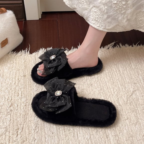 Plush Open Toe House Slides for Women with Sparkly Tulle Bow Lightweight Flat Indoor Slippers Black 38