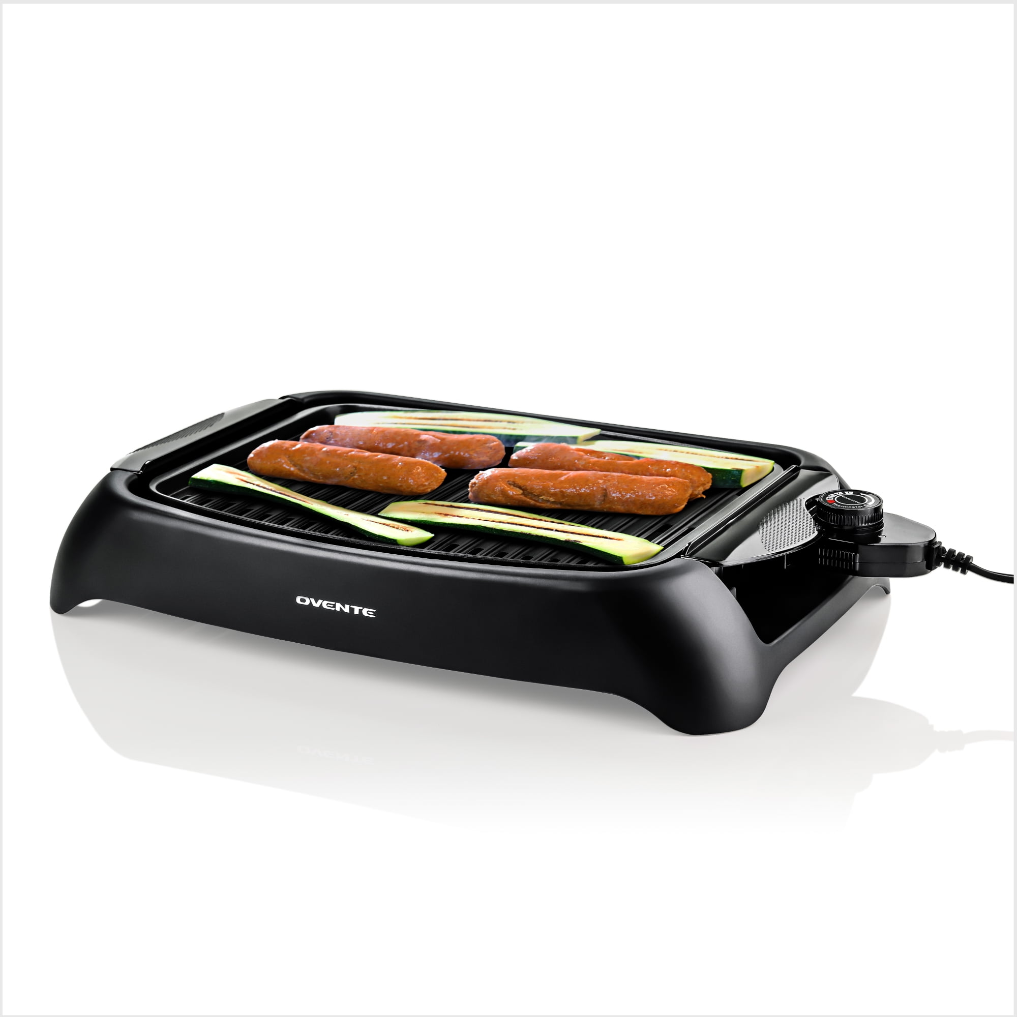 Ovente Electric Indoor Smokeless Cooking Grill 13 x 10 Inch Portable Nonstick Plate with Large Grilling Surface & Oil Drip Pan, Compact Easy Clean Temperature Control for BBQ Party, Black GD1632NLB