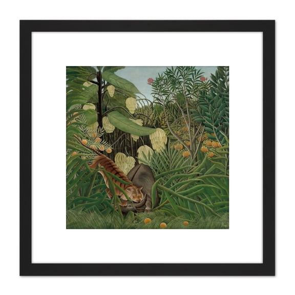 Rosseau Fight Between A Tiger And A Buffalo 1908 8X8 Inch Square Wooden Framed Wall Art Print Picture with Mount