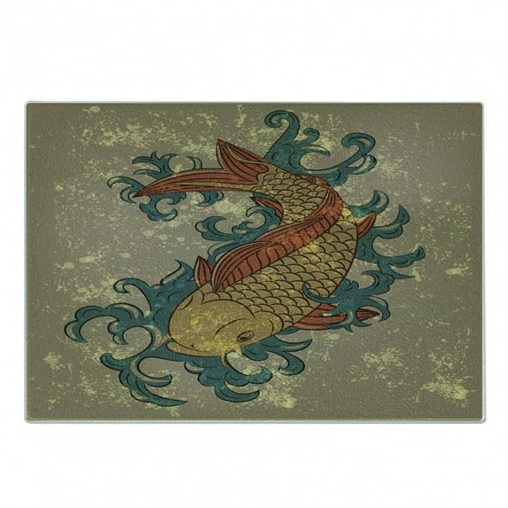Japanese Cutting Board, Grunge Style Oriental Water Koi Carp Fish Aquatic Theme Distressed Pattern, Decorative Tempered Glass Cutting and Serving Board, Small Size, Multicolor, by Ambesonne