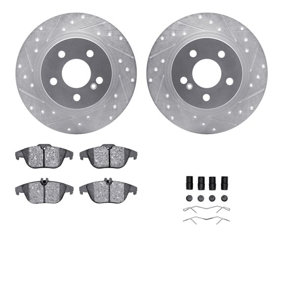 Dynamic Friction Company Rear Brake Rotors-Drilled and Slotted-Silver with 5000 Advanced Brake Pads includes Hardware 7512-63057
