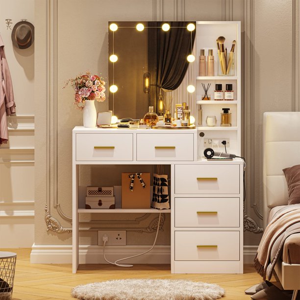 Vanity Desk with Sliding Mirror Lights,Makeup Vanity with Lights and