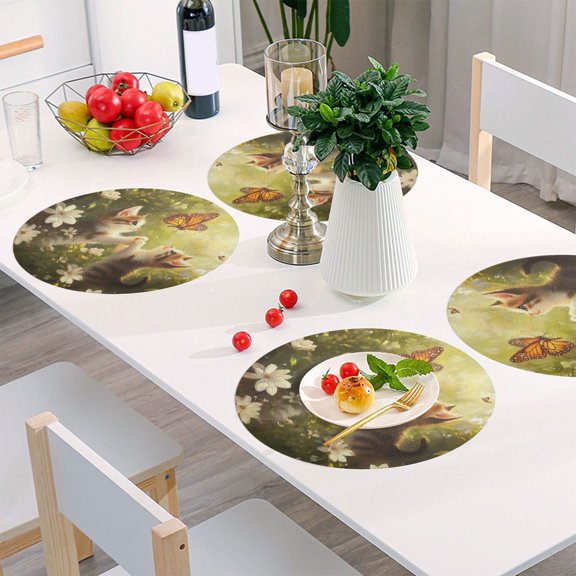 Round Grid Placemat ,One Sizex1, Round Placemat, PVC Plate Mat,15.4 Inch Non-Slip and Heat Resistant, Table Placemat, Dining Room Placemat Cute Cats and Butterflies