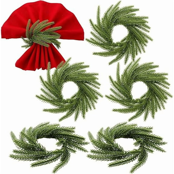 Jinswick 12 Pcs Christmas Napkin Rings Thanksgiving Norfolk Pine Garland Napkin Rings Green Wreath Holder for Banquet Table Festive Decorations Dinner Wedding Party