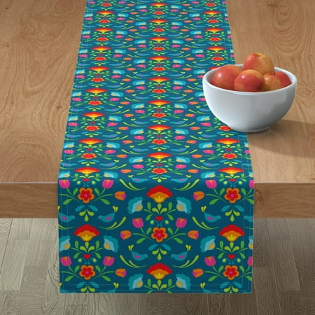 

Cotton Sateen Table Runner 108 - Swedish Folklore Floral Flowers Over Multi Colored Scandinavian Deep Teal Bright Print Custom Table Linens by Spoonflower
