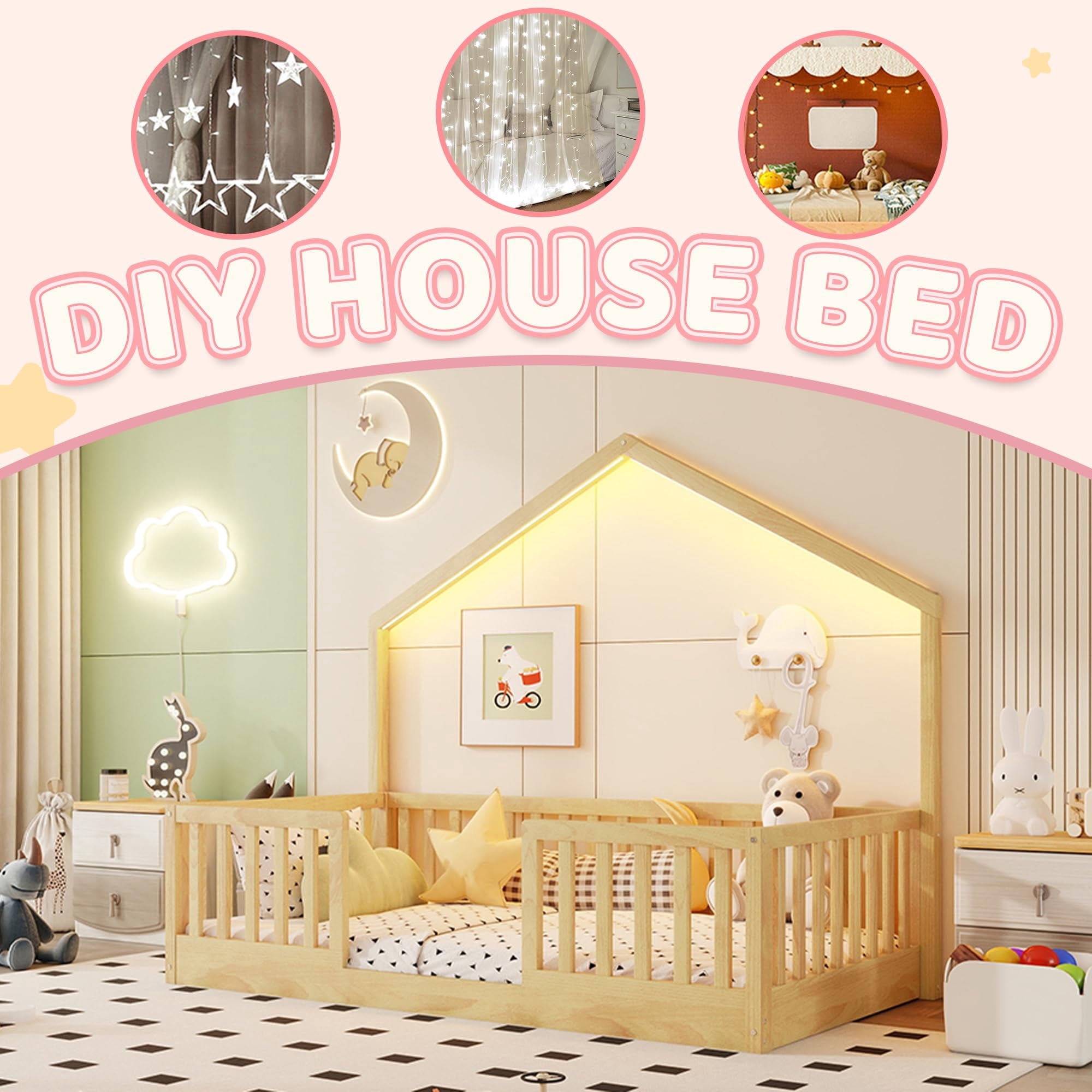 Twin Floor Bed with High Rails, Wooden Montessori Bed Frame with Single Color Light and House Shape Design, Low Profile Beds for Kids, twin bed frames Natural