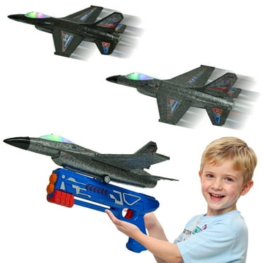 Petbank Airplane Launcher Toy, 2 Pack Flying Airplane Toys with Launcher,LED Light Foam Flying Glider Plane with Sticker and Protective cover, Outdoor Plane Toys for Boy Girl 3 , Black & Grey