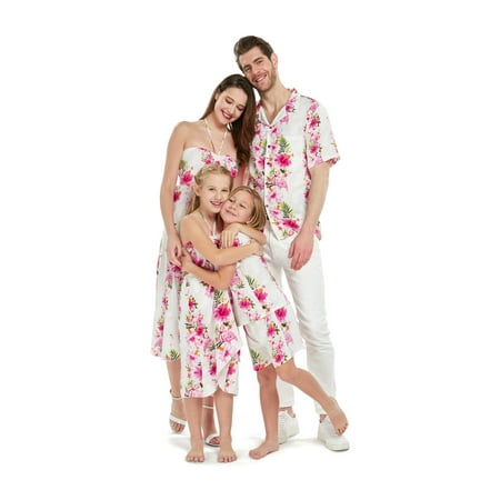 

Matchable Family Hawaiian Luau Men Women Girl Boy Clothes in Pink Hibiscus Vine White
