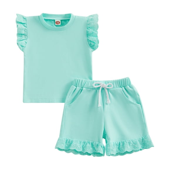 Bagilaanoe 2pcs Toddler Baby Girl Shorts Set Flying Sleeve T Shirt Tops Ruffled Shorts 6M 12M 18M 24M 3T Kids Casual Summer Clothes