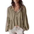 thumbnail image 2 of ClodeEU Women's V Neck Long Sleeve Ruffled Blouse,Casual Loose Fit Boho Tunic Shirt White,Women's Plus S, 2 of 6
