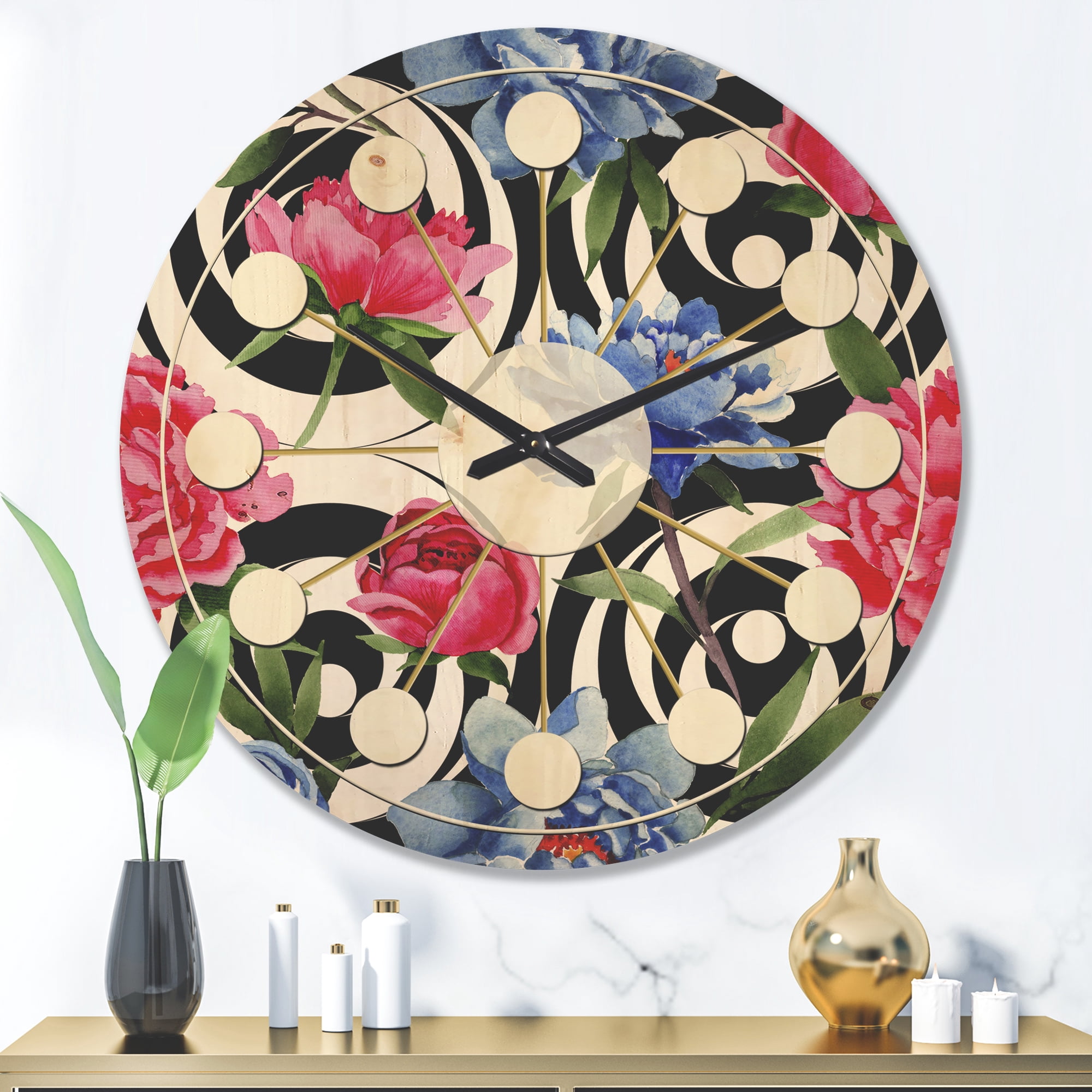 Designart 'Retro Pattern Over Floral I' Mid-Century Modern Wood Wall Clock