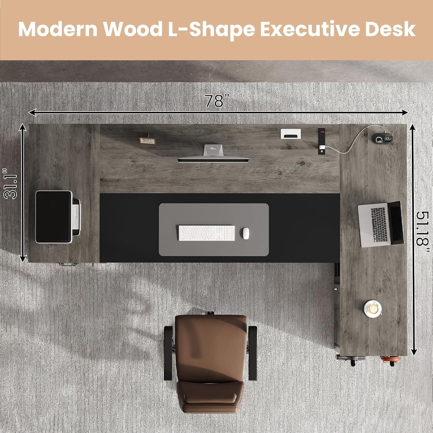 78" Executive Desk with Lockable File Cabinet, L Shaped Executive Desk with Power Outlets, Reversible Computer Desk with Drawers, Storage Shelves and Privacy Screen, Gray