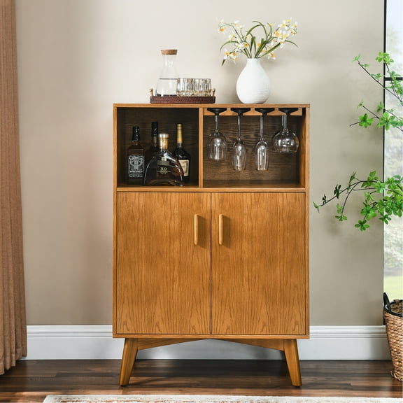 Rustic Wine Cabinet With Spacious Compartment & Rack, 31.5" For Dining Room, Adjustable Shelf Glass Holder Liquor Rack Holder, Style Home