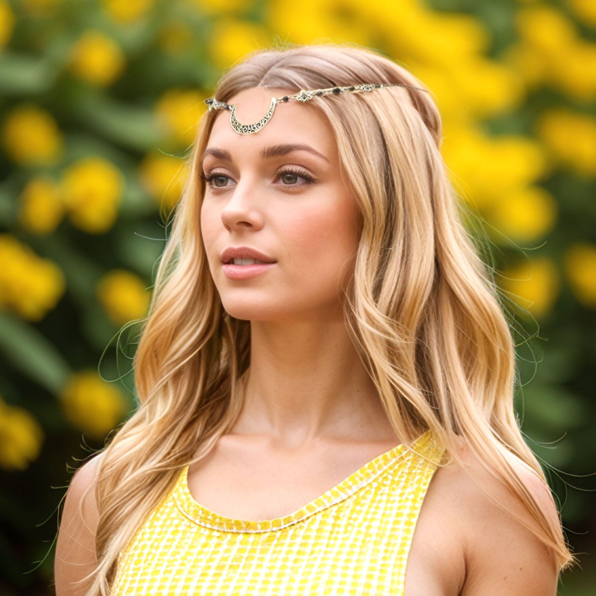 Unique Bargains Headpiece Bohemia Moon Head Chain Bronze Tone 1 Pc