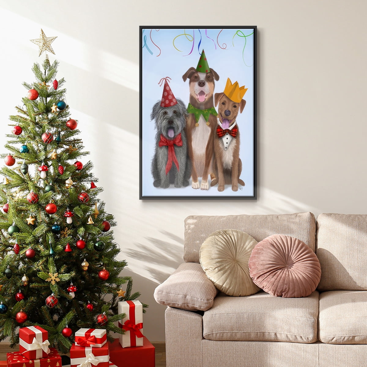 Christmas Party Mutts - Framed Gallery Wrapped Holiday Canvas - 25 x 37 - Black Frame