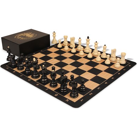 The Chess Store Zagreb Plastic Chess Set Black & Aged Ivory Pieces with Extra Queens, Macassar Ebony & Maple Floppy Chess Board & Box - 3.75" King