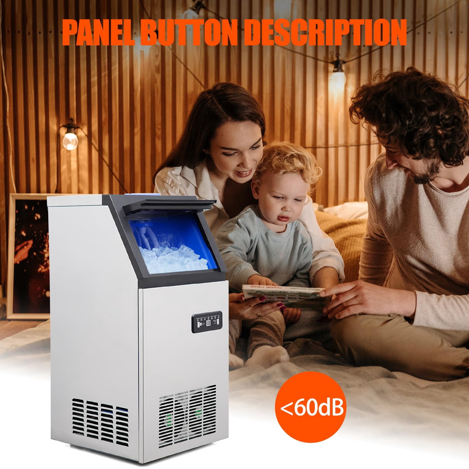 120LBS/24H Commercial Ice Maker Machine with 24LBS Storage Bin,  Stainless Steel Freestanding Ice Maker Under Counter with Ice Scoop ,45 Ice Trays, 12-15min Quick Ice Dispensing for Home Bar Office Pa