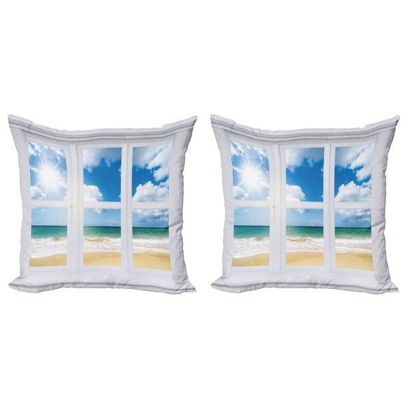 Ambesonne Beach Throw Pillow Cover 2 Pack, Ocean View Vivid Sun, 24", Blue Teal Sand Brown