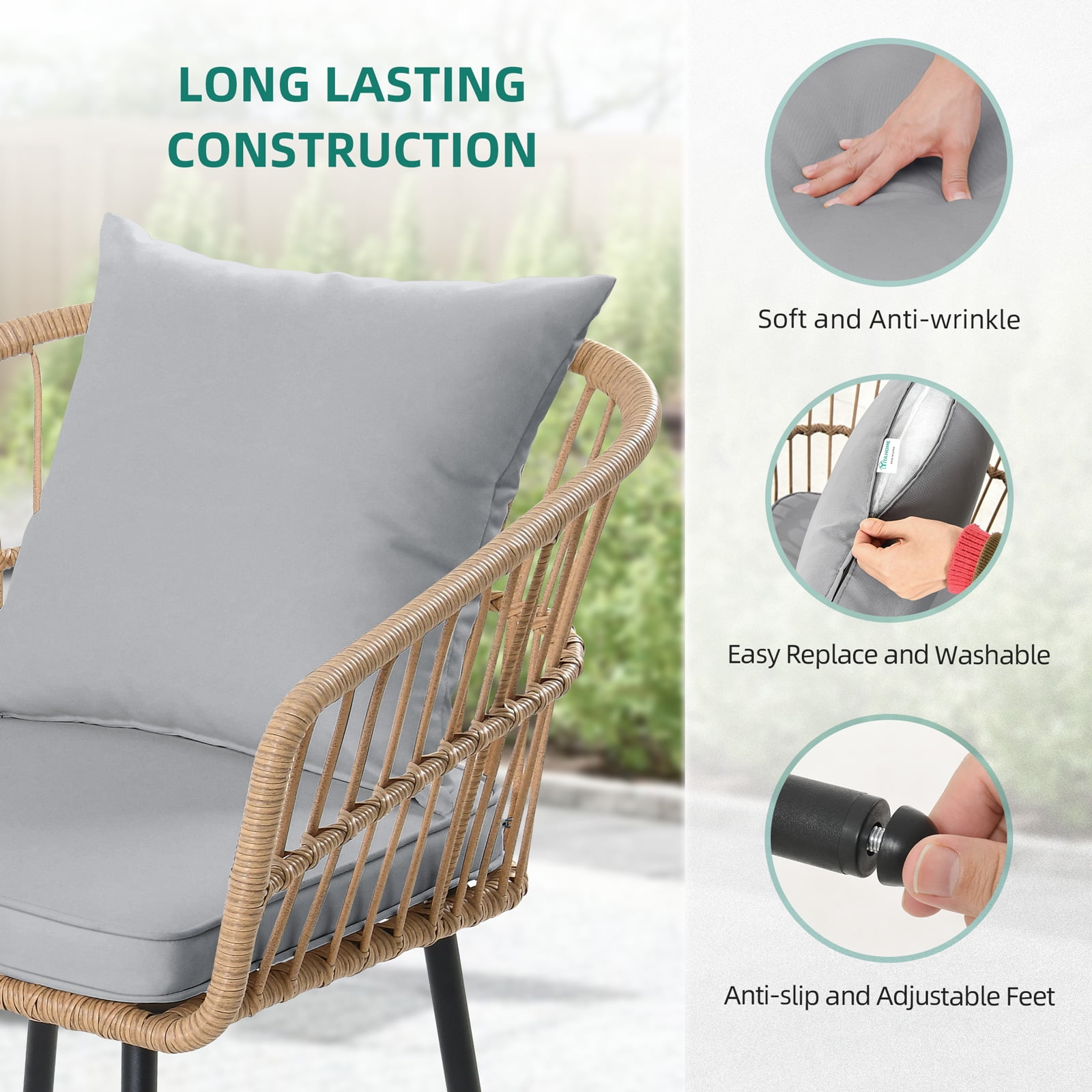Dextrus 4pcs Outdoor Patio Bistro Set PE Rattan Wicker Furniture Conversation w/ Cushion(Grey)