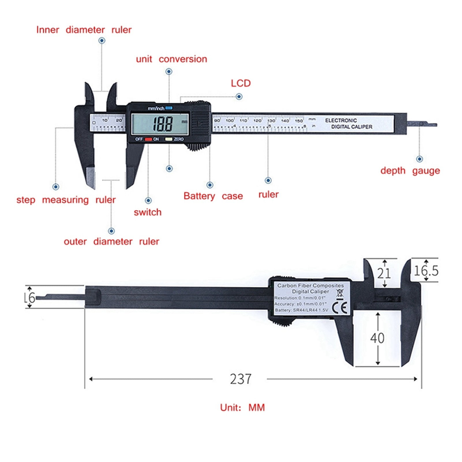 Digital Caliper Electronic Carbon Fibre Vernier Calipers 150mm/100mm Plastic Gauge Micrometer Ruler Measuring Tools Instrument ,Easy to Operate