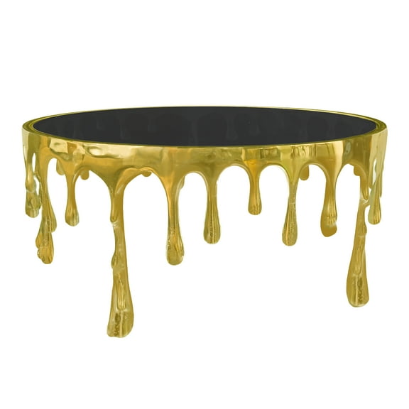 Capri Coffee Table | 36 Inch Round Glass Top | Melting Drip Design | Antique Gold Brass