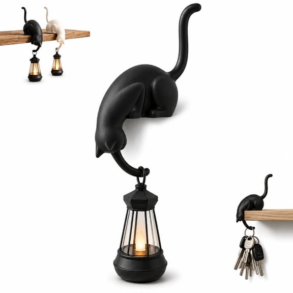 Cat Shelf Hook with Vintage Lantern,Bookshelf Lantern Light,White | Resin Cat Shelf Sitter,Stable Edge-Sitting Design,Wall-Mounted Key Hook for Reading Corners & Entryway Hallway Dercor