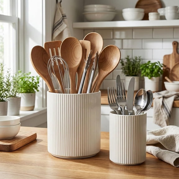 KSENDALO 2-Pack White Ceramic Utensil Holder Set(utensils not include), 7" & 4.5" Tall Farmhouse Kitchen Counter Storage Jars, Ribbed Utensil Crock for Silverware & Flower Display