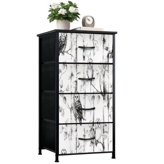 Dresser for Bedroom with 4 Storage Drawers Black White Hand Drawn Owls Birch Tree Branches Seamless Dressers Chest of Drawers Steel Framed Fabric Closet Organizers for Entryway