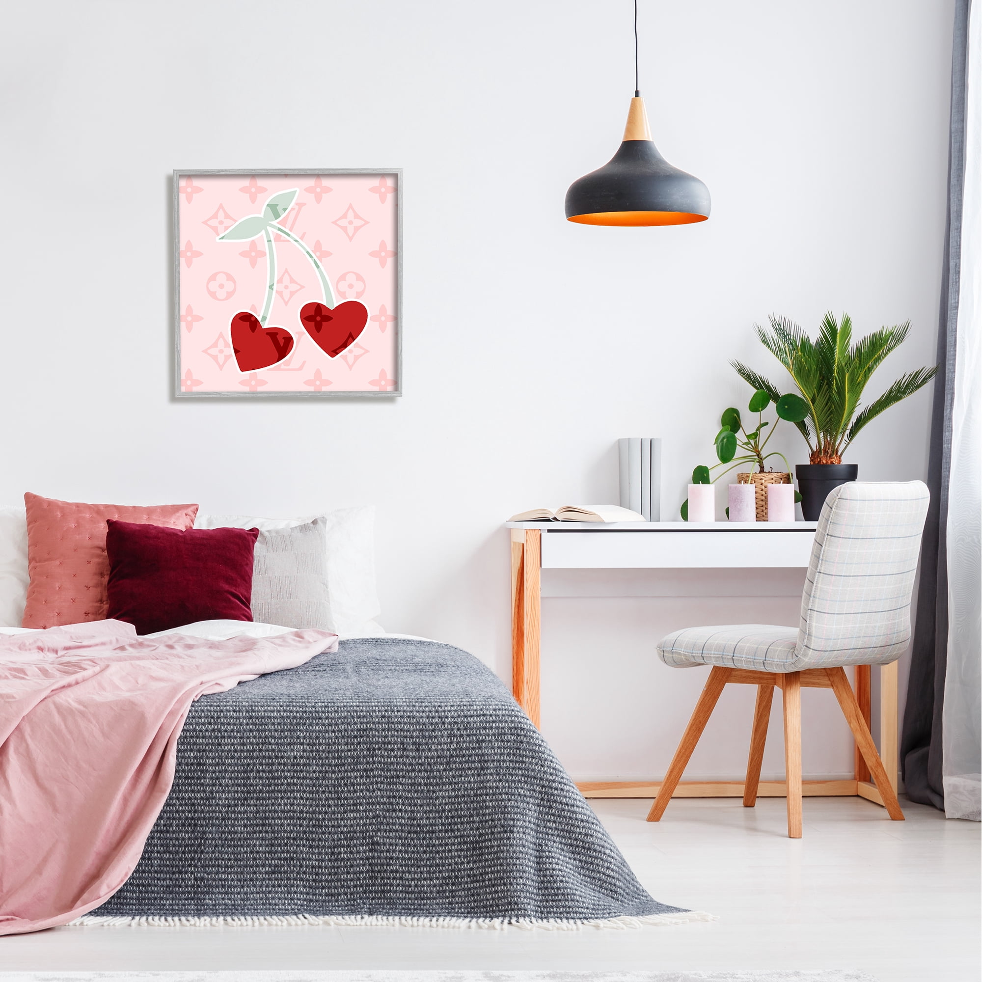Stupell Industries Pink Glam Cherry Hearts Food & Beverage Painting Gray Framed Art Print Wall Art, 24 x 24