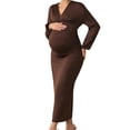 thumbnail image 2 of Stamzod Maternity Dress for Photoshoot V Neck Long Sleeve Bodycon Cocktail Dress Pregnancy Wedding Guest Dresses for Women Coffee B L, 2 of 7