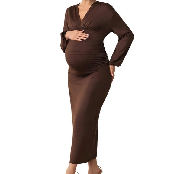 hengsof Womens Maternity Bodycon Maxi Dress V Neck Semi Formal Baby Shower Photoshoot Party Cocktail Pregnancy