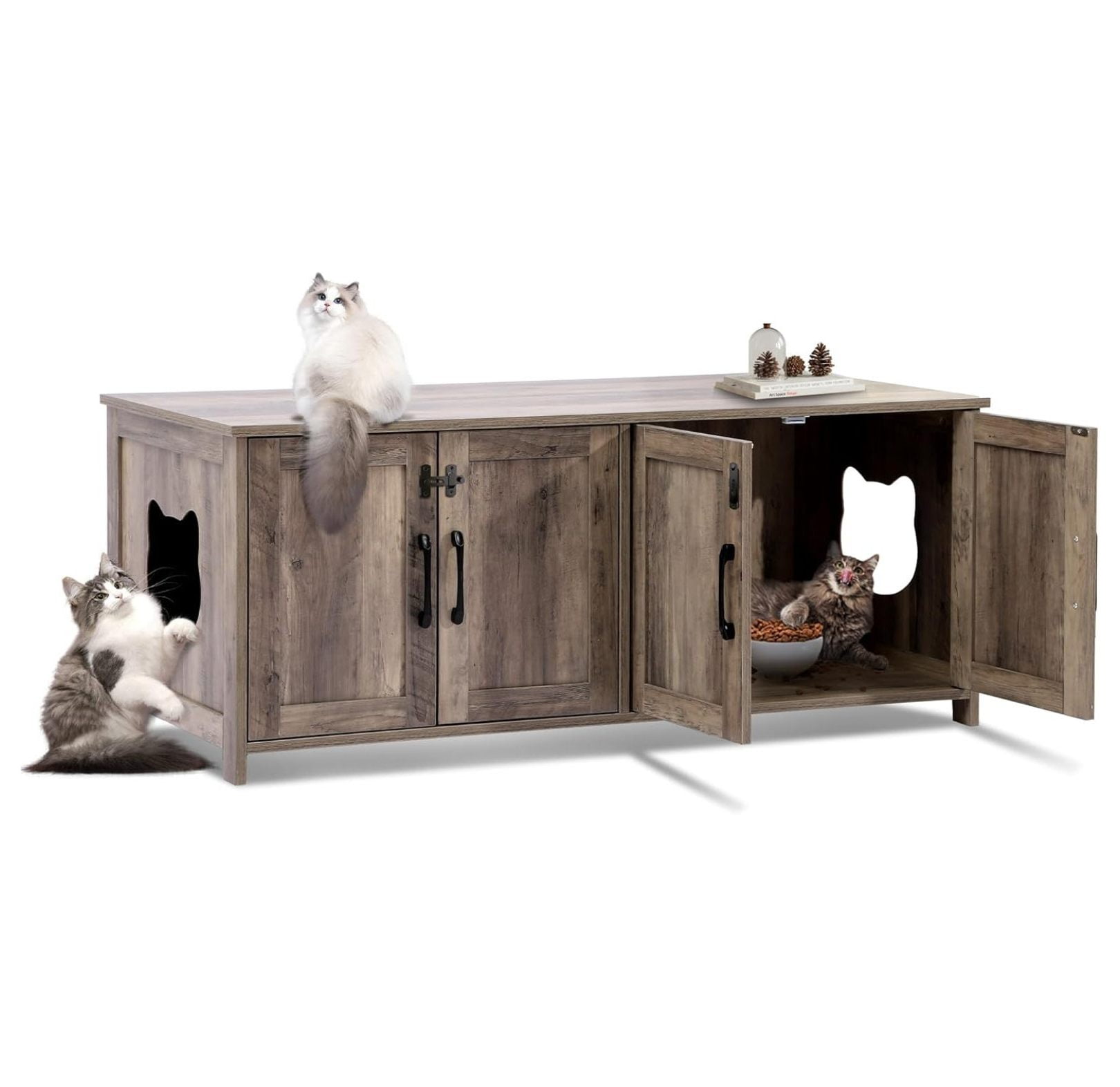 Cat Litter Box Enclosure for 2 Cats - Litter Box Furniture with Lockable Door,Wooden Cat Washroom Furniture with Double Room,Cat House,Hideaway Litter Box,Greige
