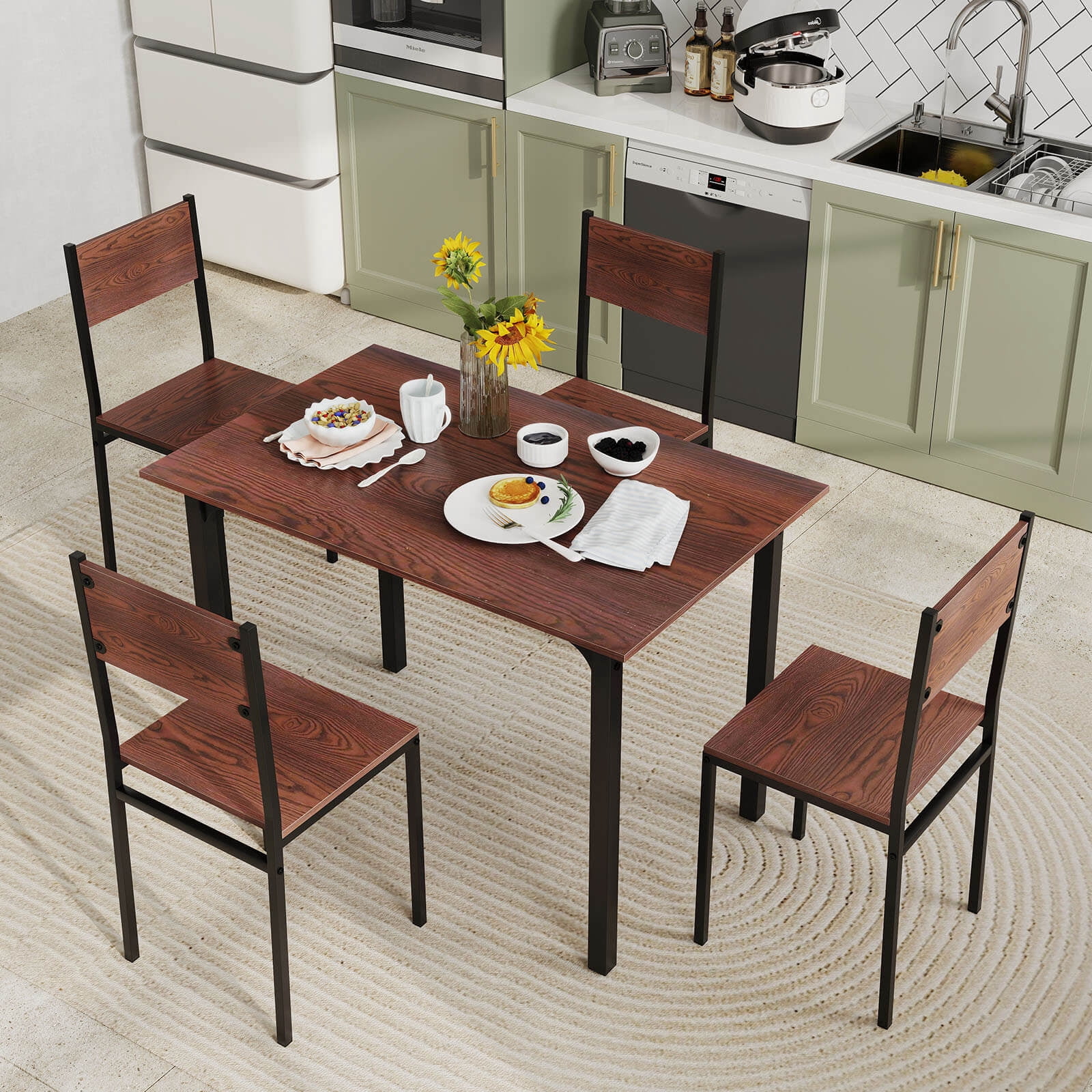 Costway 5 PCS Dining Table Set Industrial Style Kitchen Table & Chairs for 4 Dark Brown