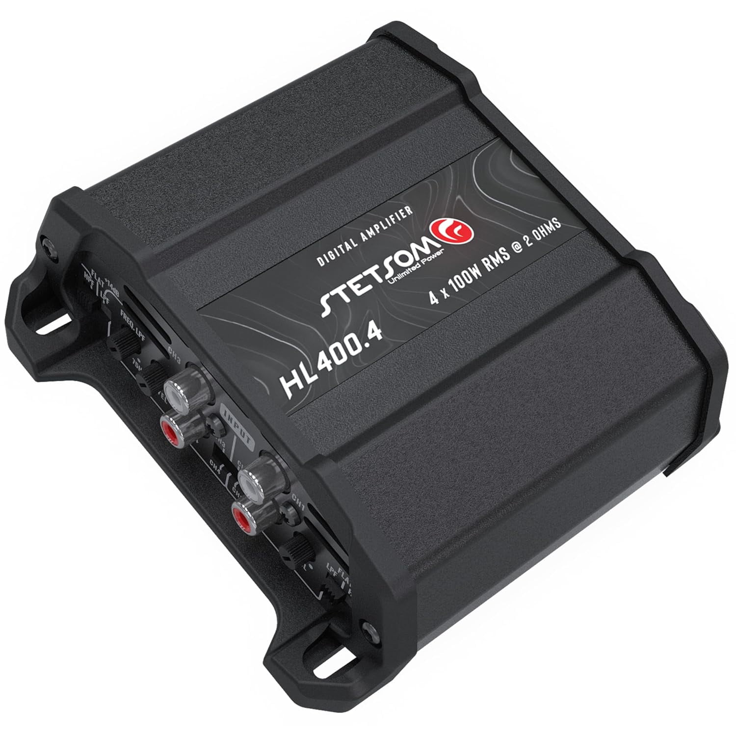Stetsom HL 400x4 2 Ohms - Compact Digital 4 Channel Amplifier, 400W RMS 400x4, Full Range, High Input, Bass Boost Gain + 14db (Variable Adjustment 30-75hz), Multichannel, Digital Sound, Crossover