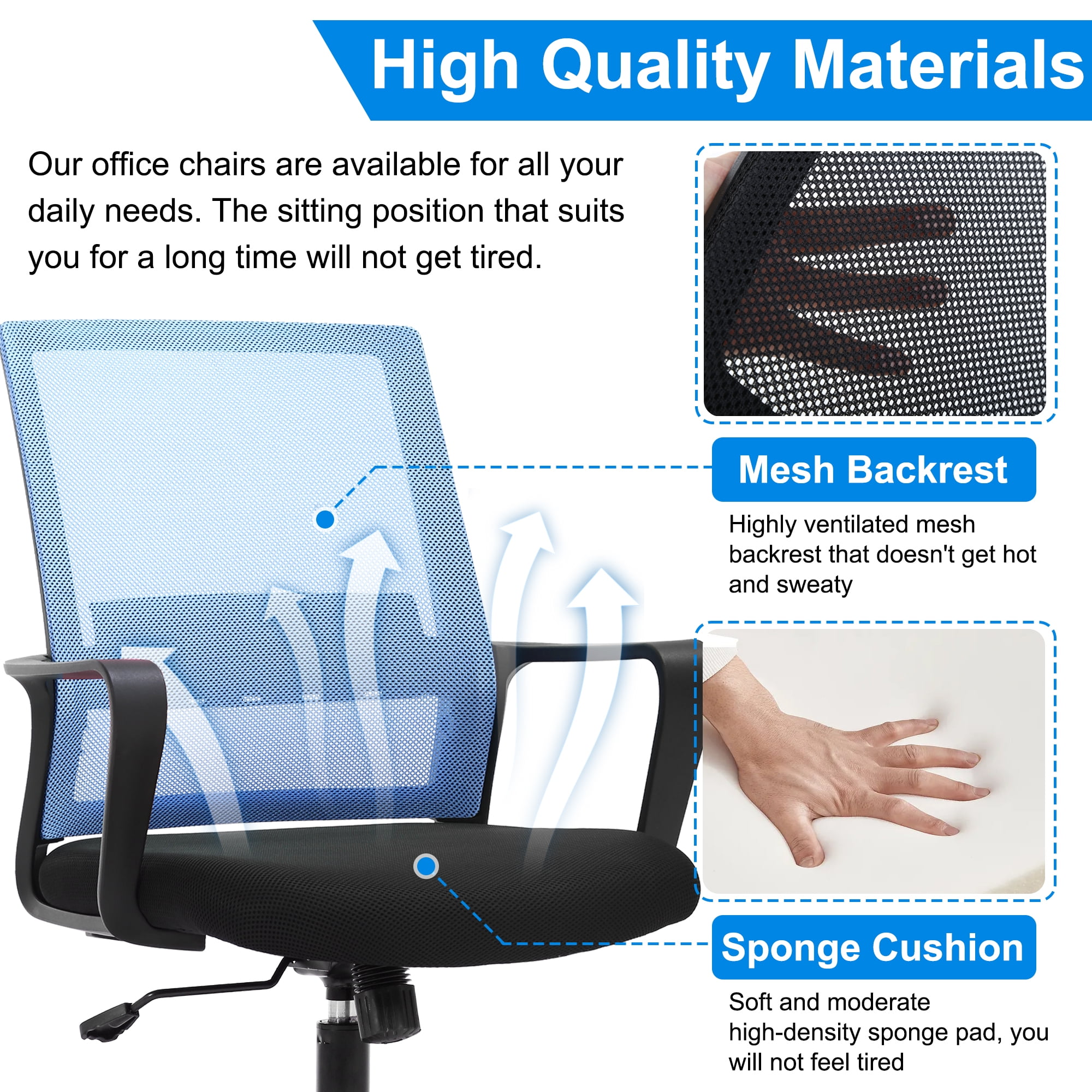 BestOffice Ergonomic Office Chair, Lumbar Support, Swivel Rolling for Men, Women(Blue)