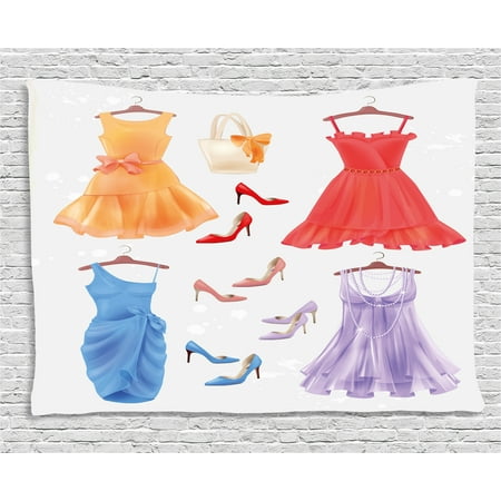 Heels and Dresses Tapestry, Set of Festive Attire for Party Fashion Female Cocktail Dresses on Hanger, Wall Hanging for Bedroom Living Room Dorm Decor, 80W X 60L Inches, Multicolor, by Ambesonne