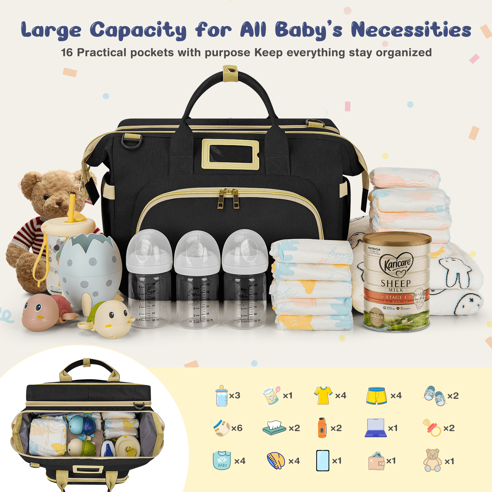 Diaper Bag Tote, Multifunctional Baby Changing Bag with Insulated Milk Bottle Pockets, Large Capacity Travel Backpack W/ USB Charging Port & Stroller Straps, Portable Newborn Baby Bags(Black)
