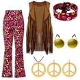 thumbnail image 2 of hcuribad 70s Retro Clothes,2024 Women's Hippie Party Vintage Costume Fringe Vest+Pants+Headband+Earrings+Glasses+Necklace 6-Piece Set,Hippie Outfit for Women,Hippie Accessories,Fringe Vest Wine M, 2 of 9