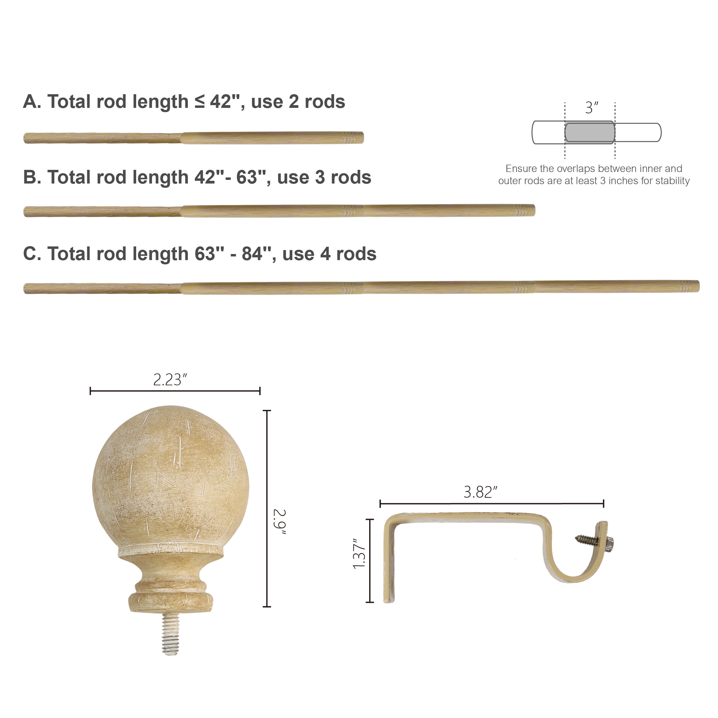 Mainstays 3/4" Faux Wood Ball Single Curtain Rod Set, 25-84"