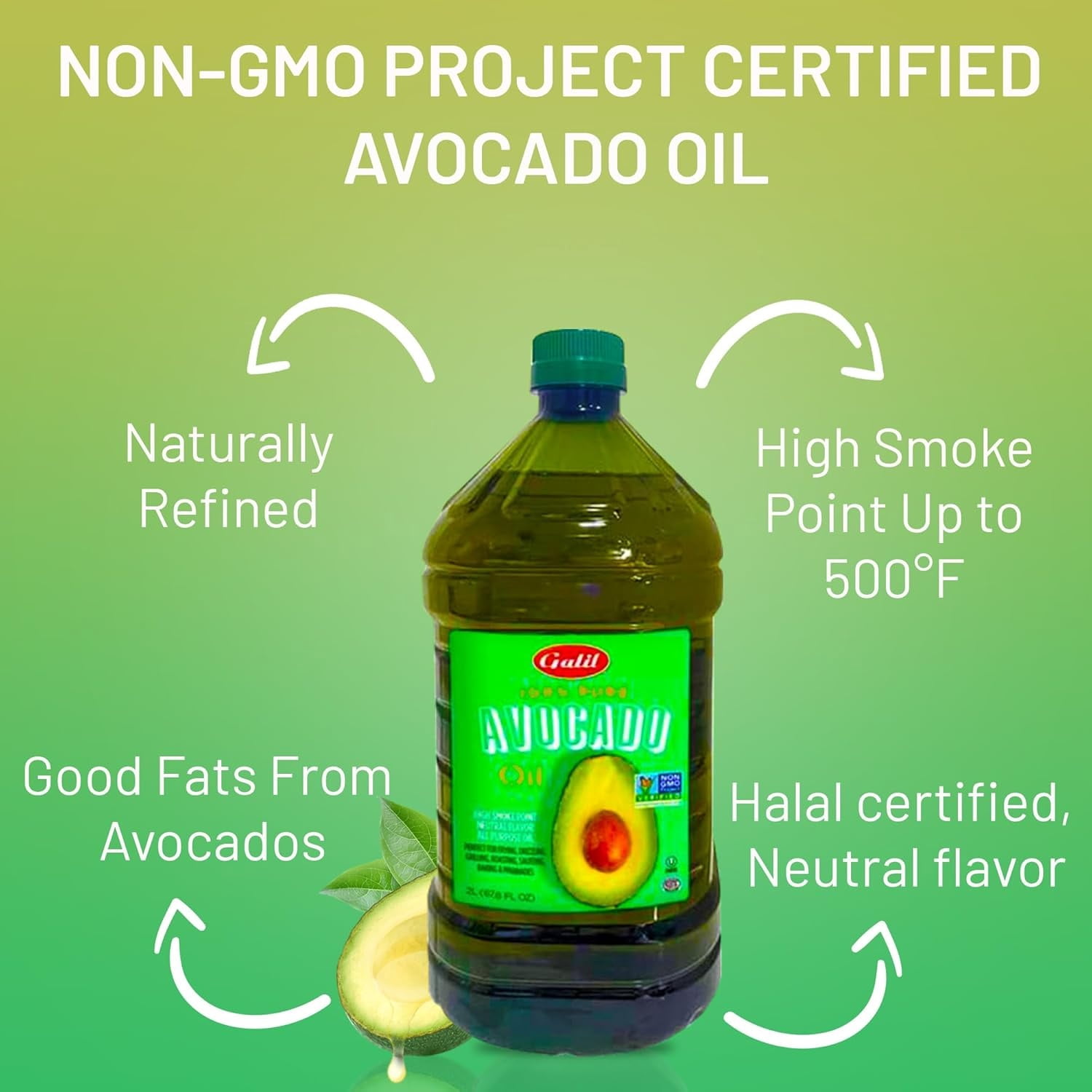 Galil Pure Avocado Oil, High Smoke Point Avocado Cooking Oil, Vegan and Halal Certified, 2 Liters