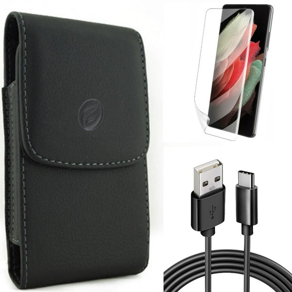 Matte Screen Protector w 6ft USB Cable w Case Belt Clip for Samsung Galaxy S21 Plus - TPU Film Anti-Glare, Type-C Charger Cord, Leather Holster Accessory Bundle