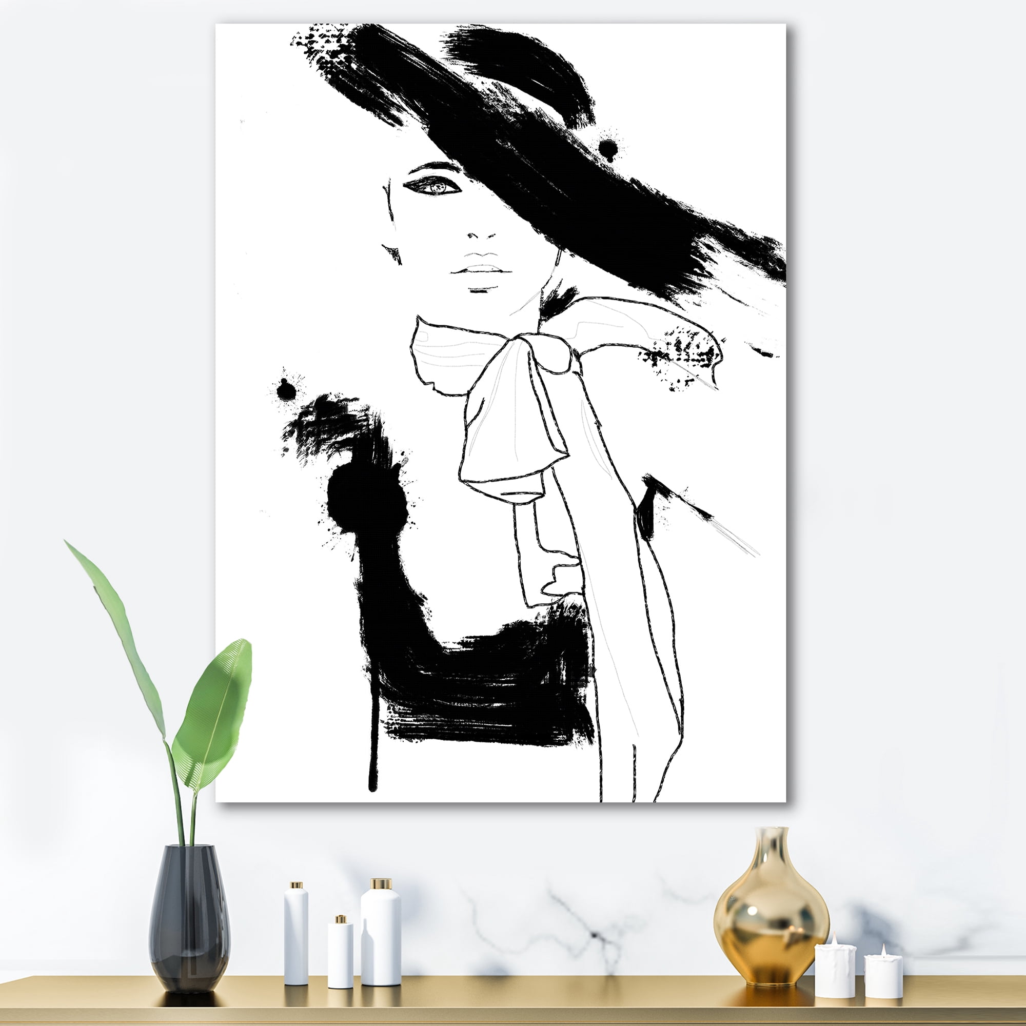 Beautiful Black and White Model Haute Couture Fashion Woman II 8 in x 12 in Painting Canvas Art Print, by Designart