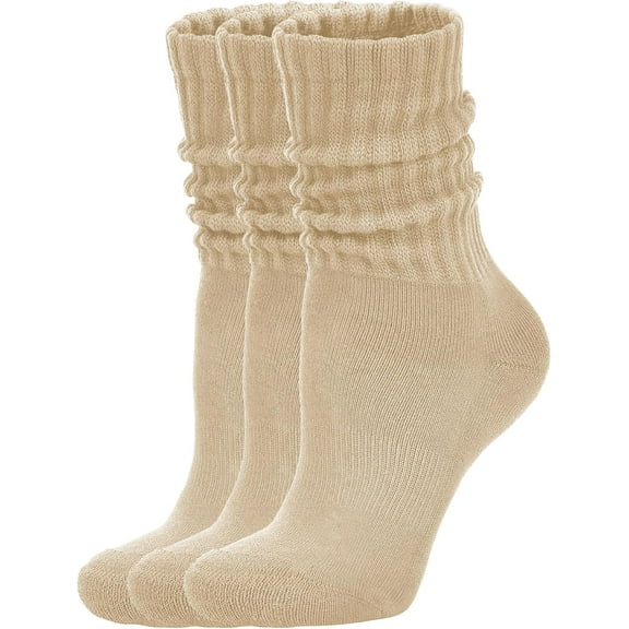 Women's Scrunch Crew Socks Retro 3-Pack Solid Cotton Boot Calf Socks Chunky Ribbed Cozy Slouchy Socks Size 5-11(Beige)