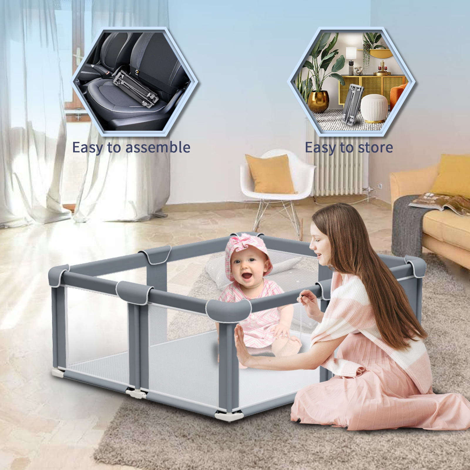 G TALECO GEAR Baby Playpen with Mat, Large Play Yard for Babies and Toddlers, Portable Baby Activity Center for Indoor & Outdoor, Gray (50‘’×50‘’)