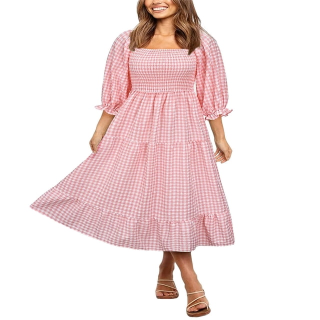 Femmes Été Robe Bohème Adultes Off-Épaule Smocké Volant Puff Manches Plaid Robe de Soleil