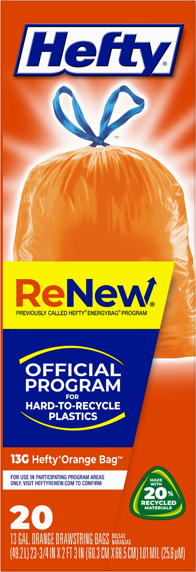 Hefty ReNew Orange Drawstring Trash Bag 13 Gallon 20ct Formerly