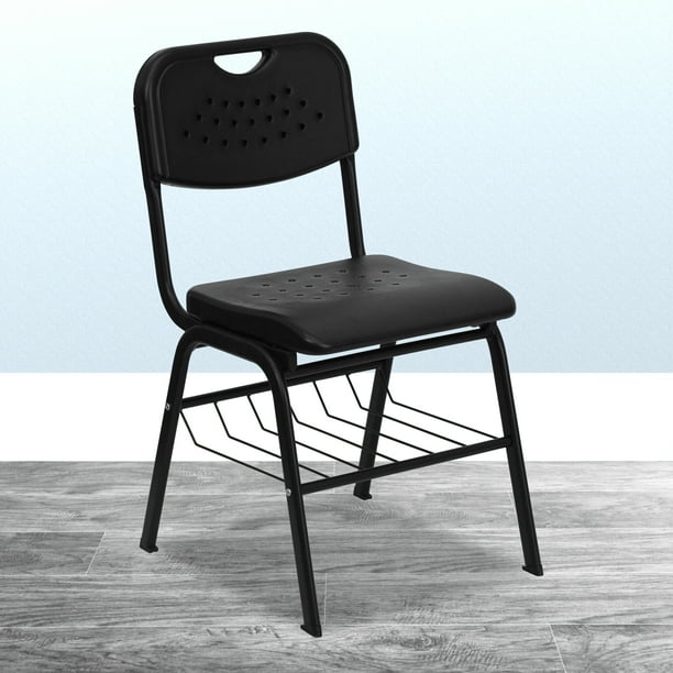 Black Plastic Student Classroom Chair with Book Basket